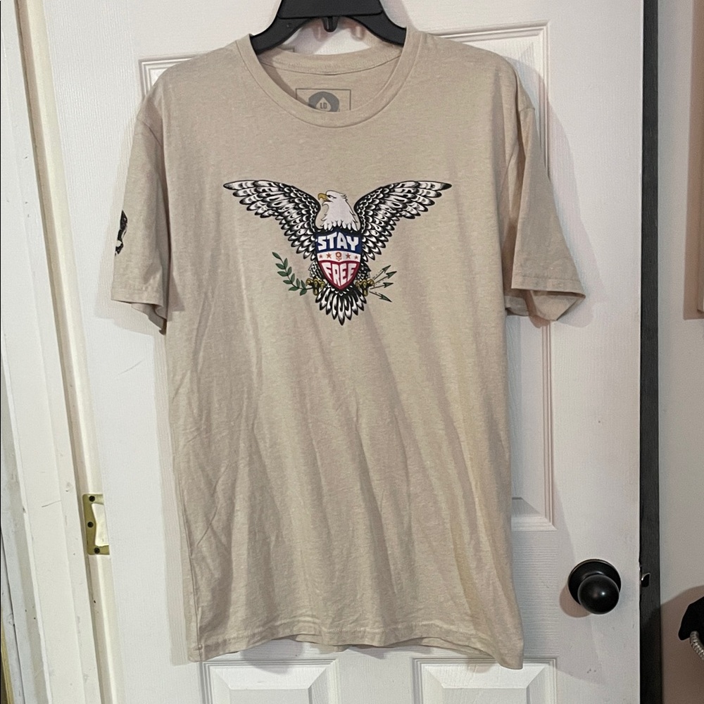 Men's Tan Zero Foxtrot Graphic Tee with Eagle Design. Size L